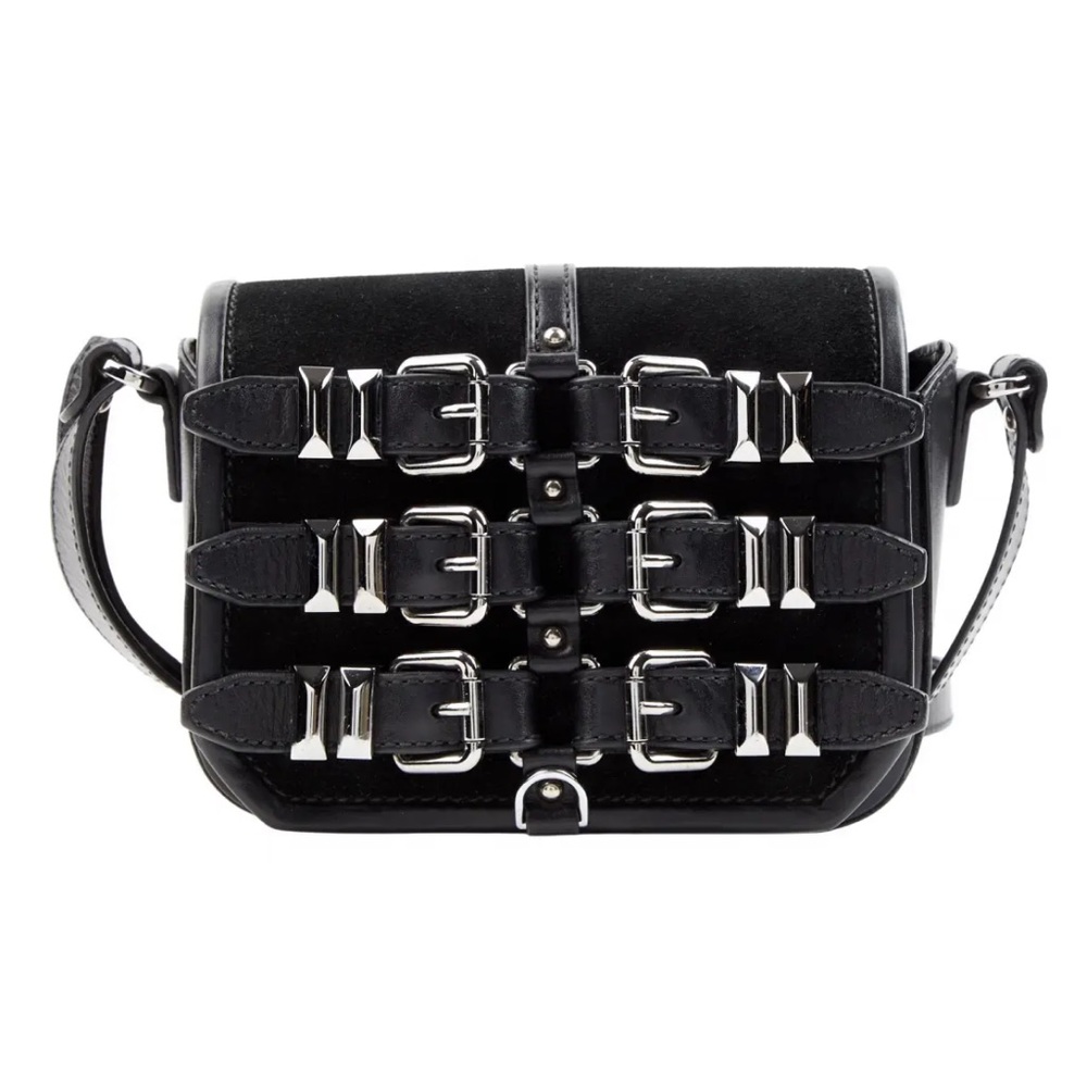 The Kooples Black and Silver Crossbody Buckle Bag